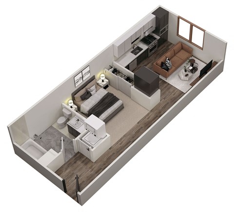 a 3d floor plan of a house with a bedroom and a living room